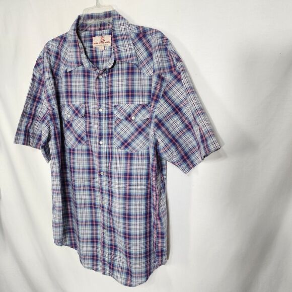 Real Work Wear Men Shirt Size XL Pearl Snap Green Blue Plaid Short Sleeve Pocket - Picture 5 of 9